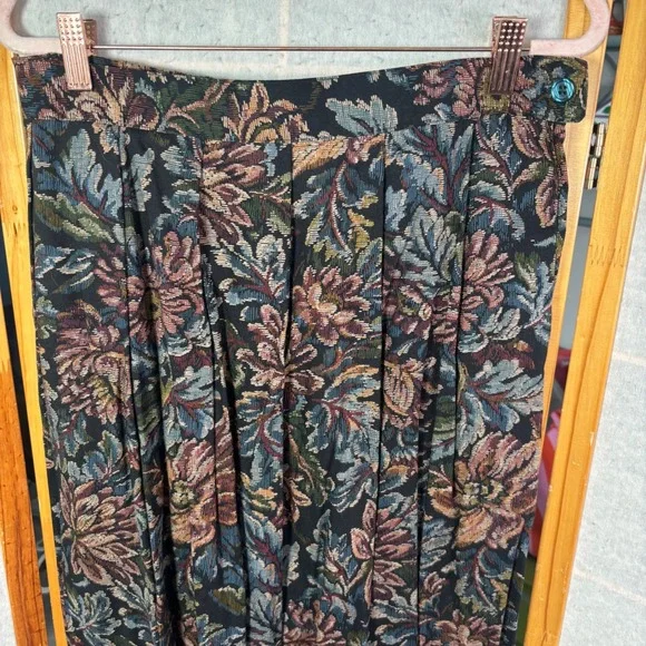 Koret Pleated Midi Skirt 14 Multicolor Floral Tapestry Print Rayon Pockets Vtg - Picture 4 of 13